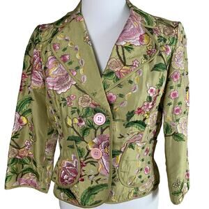 Vintage Size 6 100% Silk Cropped Blazer Jacket Embroidered Pink Green Floral